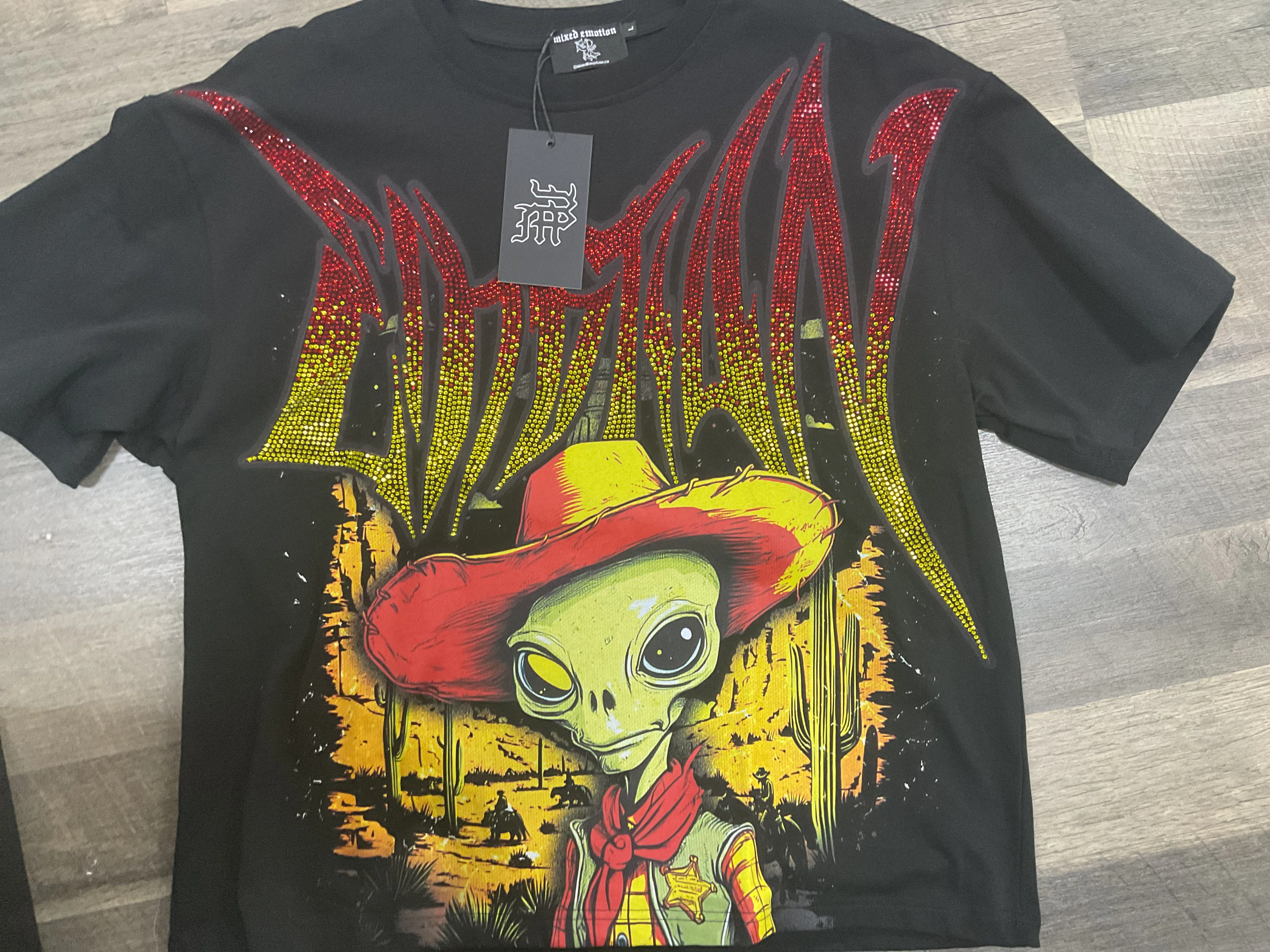 Mixed emotions rhinestone alien tee
